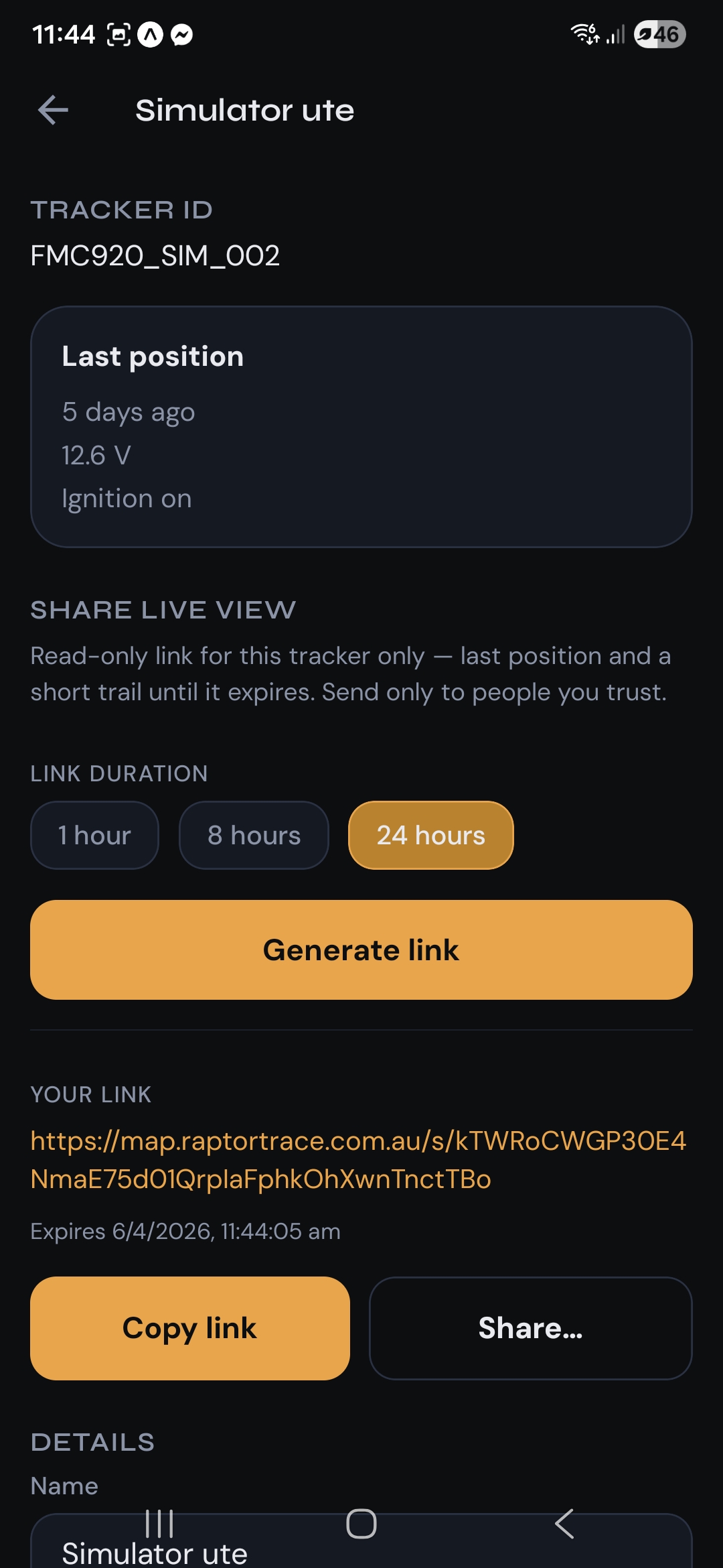 Tracker detail with live view link duration options, generated URL, expiry, and copy or share buttons.