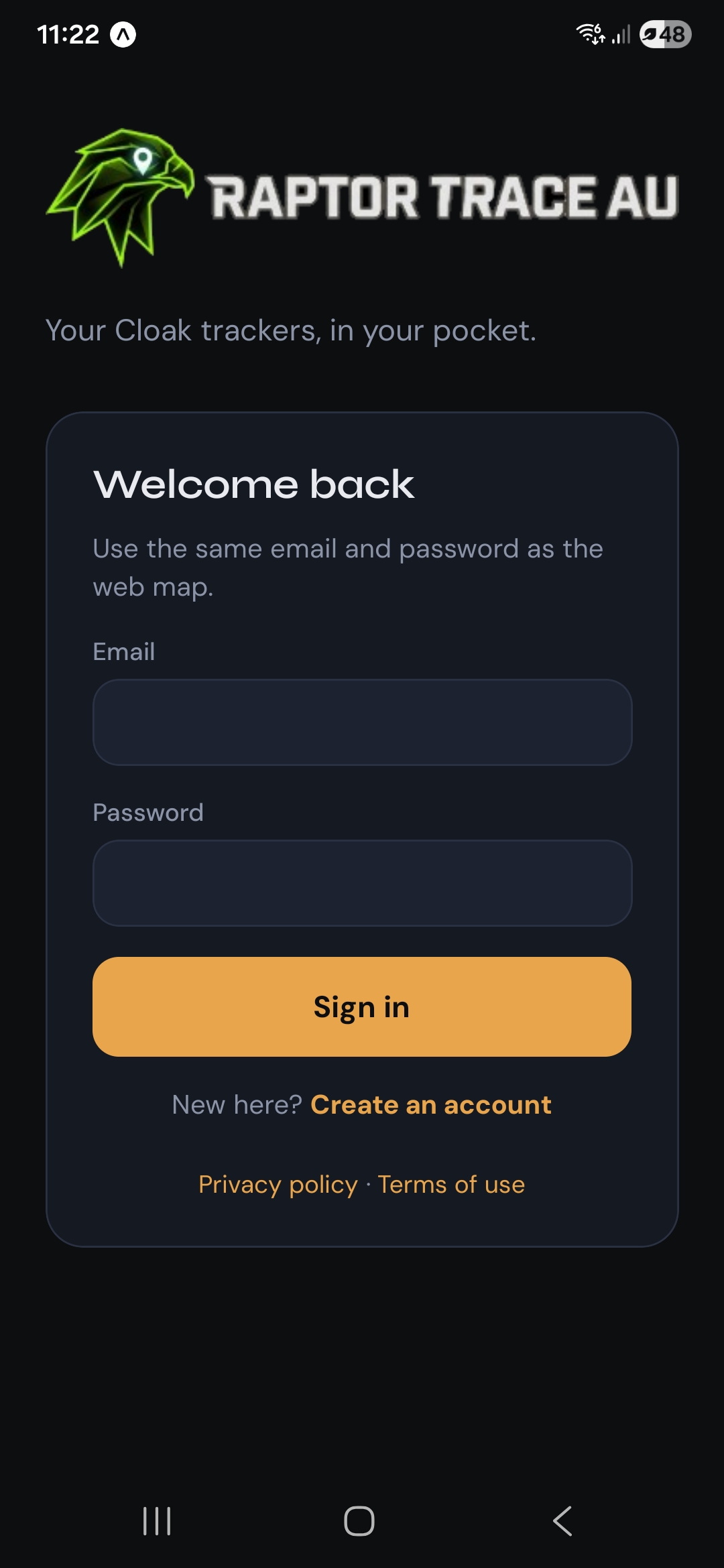 Raptor Trace AU sign-in screen on a phone: email and password fields and same account as the web map.